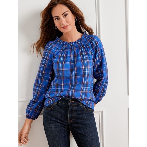 Talbots Tops - TALBOTS SMOCKED BLOUSE - MIDNIGHT PLAID XL‎